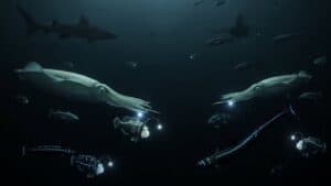 Bathypelagic Zone underwater scene with bioluminescent fish, anglerfish, giant squid, and floating marine snow in pitch-black deep ocean waters.