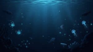 Mesopelagic Zone underwater scene with bioluminescent fish, jellyfish, and squid in dim blue light, showing mysterious deep-sea life between 200 and 1000 meters below the ocean surface.