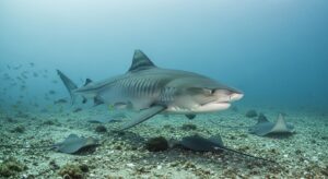 Tiger shark swimming in coastal ocean waters.