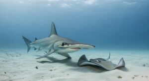 Hammerhead shark swimming near the ocean floor.