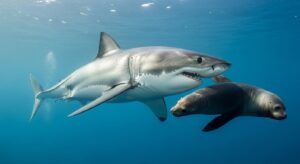 Great white shark hunting prey in open ocean.