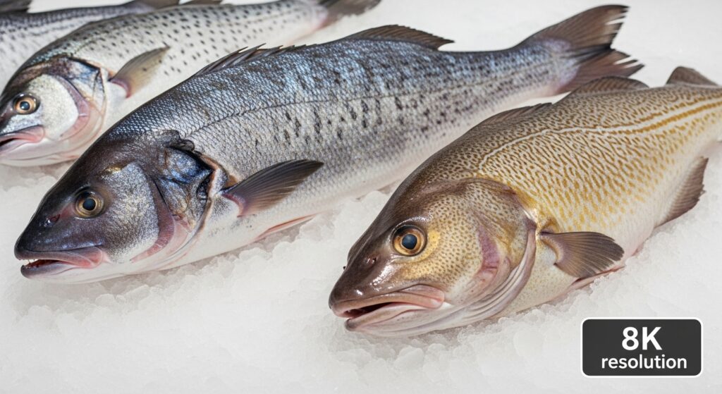 “Whole branzino next to flat halibut for size comparison.”