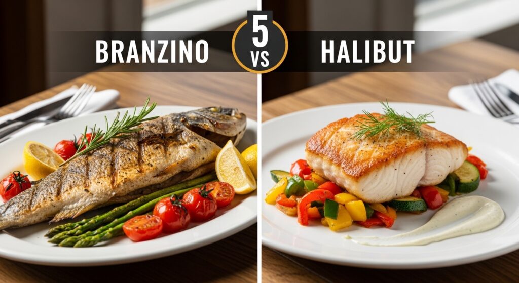 “Whole branzino next to flat halibut for size comparison.”