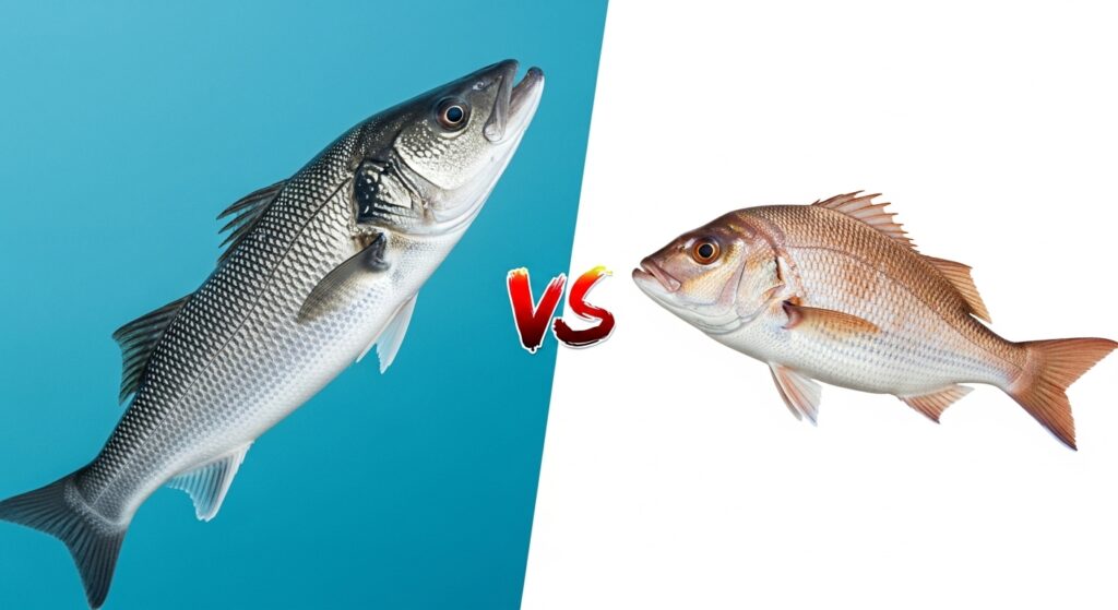 “Branzino next to red snapper showing color difference.”