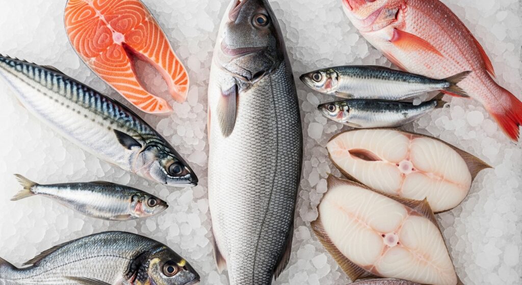 Whole branzino next to sea bass showing size and body differences.