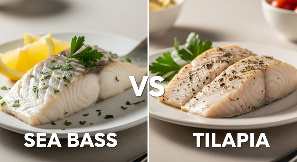 “Branzino and tilapia displayed together for comparison.”