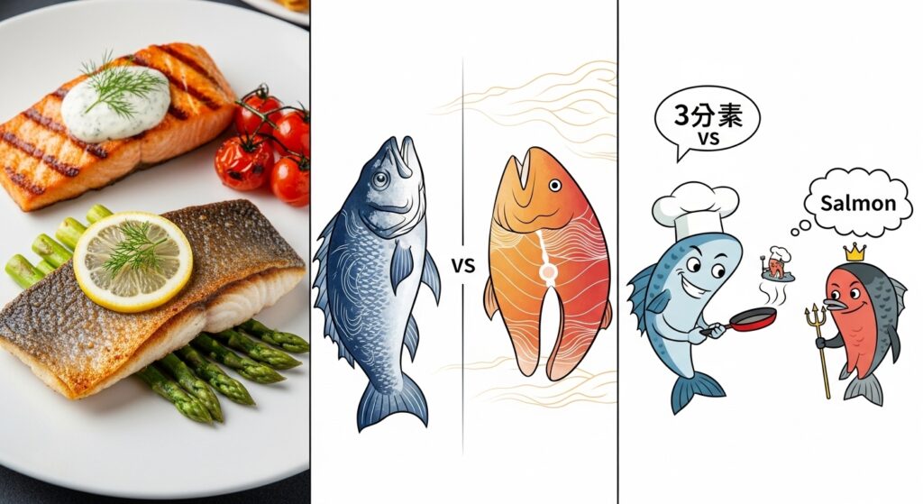 “Whole branzino and salmon displayed together for comparison.”