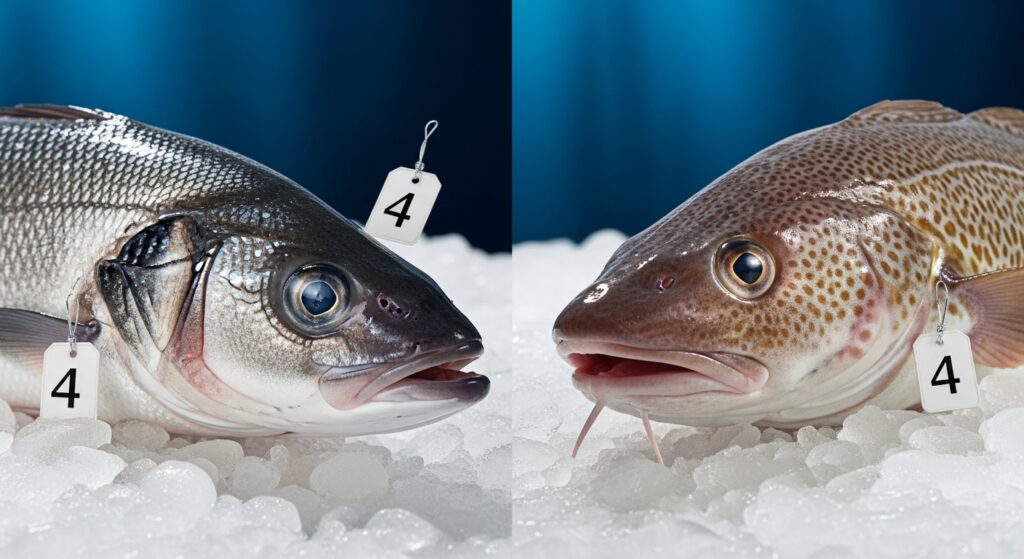 “Branzino and cod placed side by side on a seafood display.”