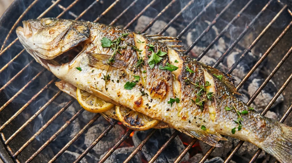 Close-up shot of perfectly cooked branzino on the grill with crispy skin, juicy flesh, and garnished with fresh herbs and lemon slices.