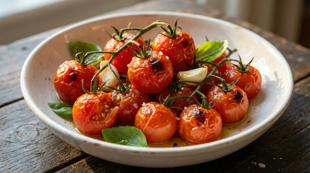 Roasted cherry tomatoes with basil and olive oil - perfect side dish for branzino fish