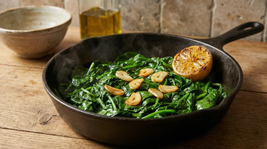 Sautéed spinach with garlic and lemon - classic Italian side for branzino