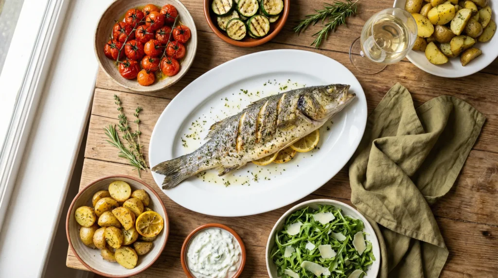 Grilled whole branzino fish with Mediterranean side dishes including roasted vegetables, potatoes, and fresh salad on white platter