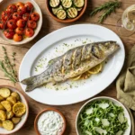 Grilled whole branzino fish with Mediterranean side dishes including roasted vegetables, potatoes, and fresh salad on white platter