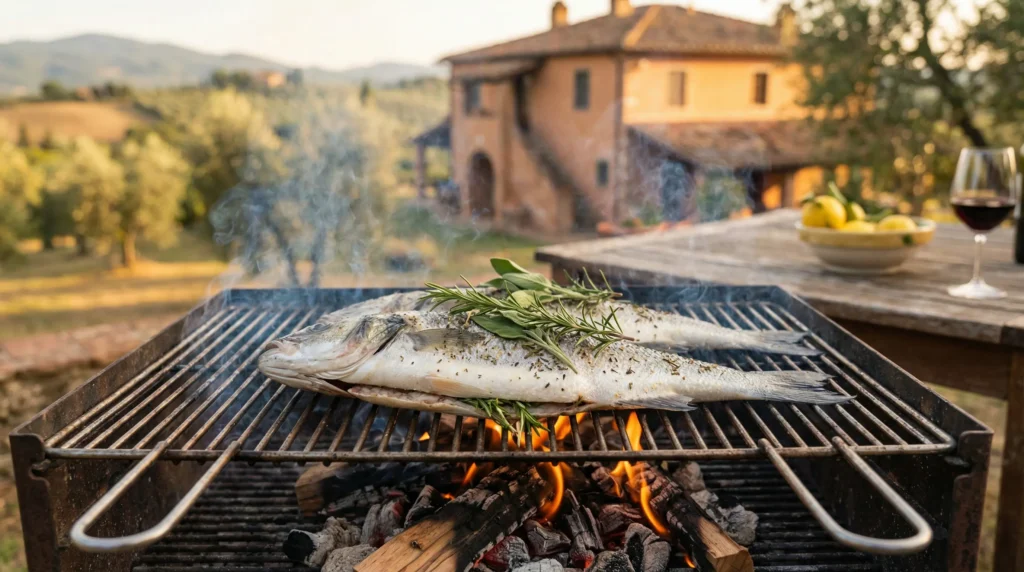 Italian branzino fish grilling over olive wood fire Tuscan style with rosemary and sage