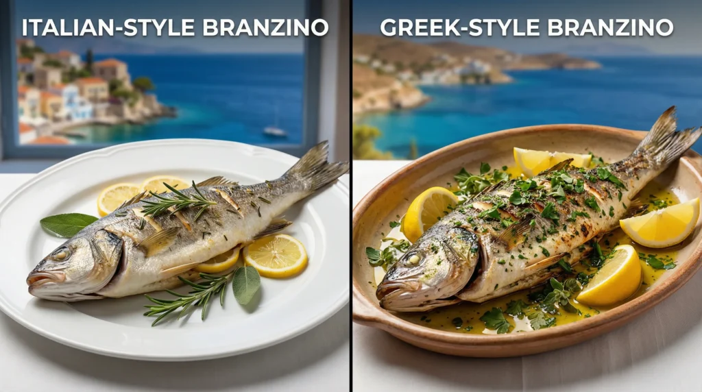 Italian branzino versus Greek branzino comparison showing regional cooking styles and presentation differences