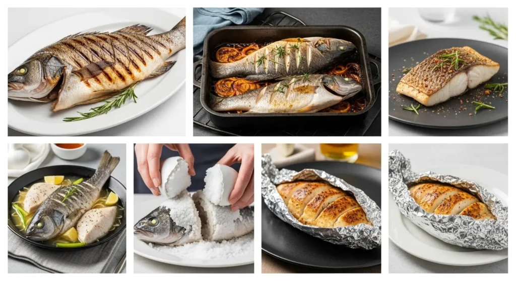 Seven different branzino cooking methods comparison - grilled, baked, pan-fried, steamed, salt-crusted, broiled and foil-wrapped