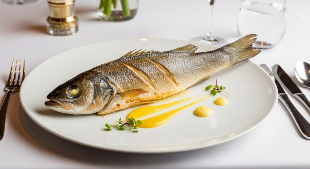 Elegant branzino dish on a fine dining menu.