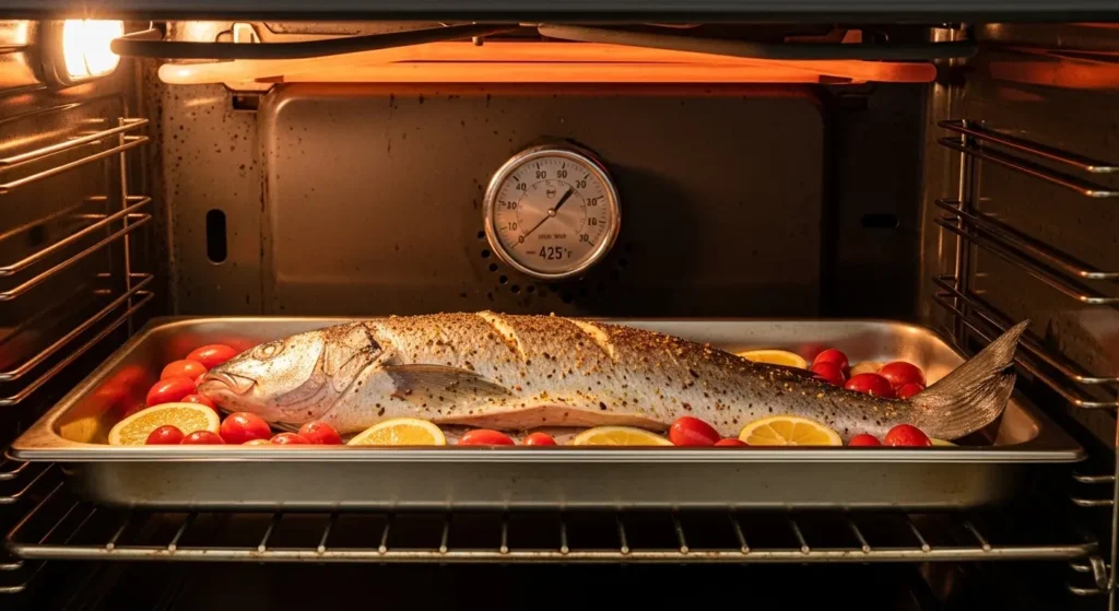Roasted branzino fish in oven at 425 degrees with tomatoes and lemon