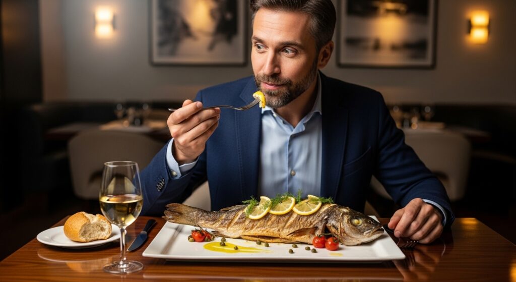"Man tasting a plate of Branzino fish in a restaurant, enjoying the meal."