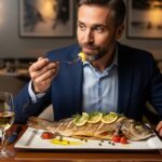 "Man tasting a plate of Branzino fish in a restaurant, enjoying the meal."