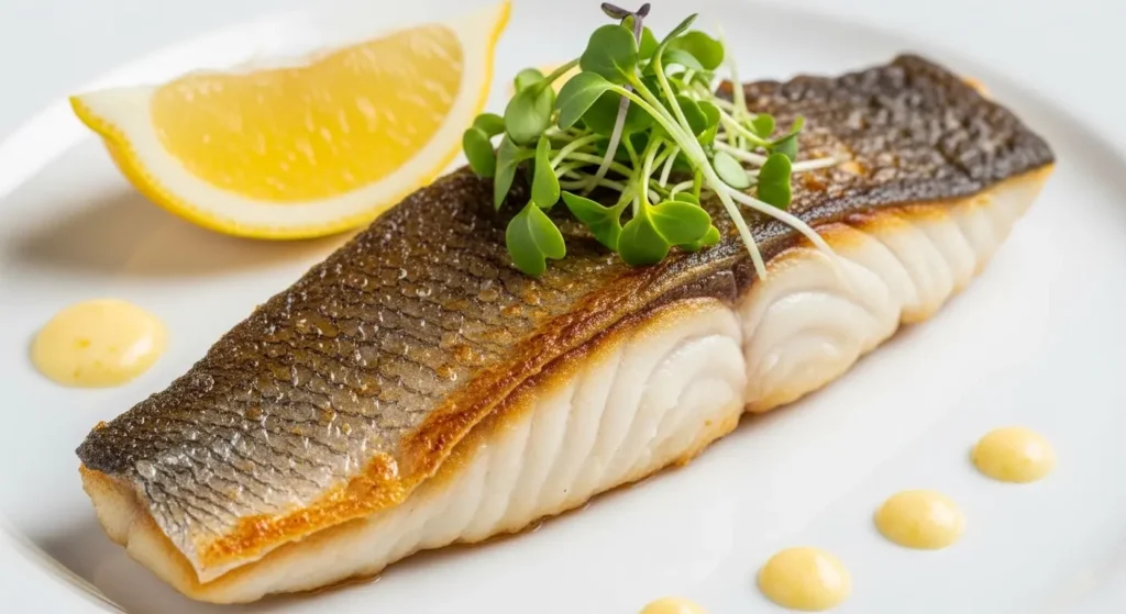 Pan-fried branzino fillet with perfectly crispy skin and tender white flesh