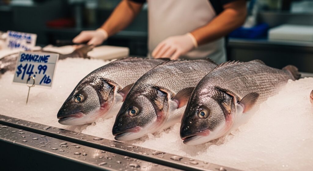 Fresh whole branzino fish on ice at fish market counter with price tag showing cost per pound, professional seafood display