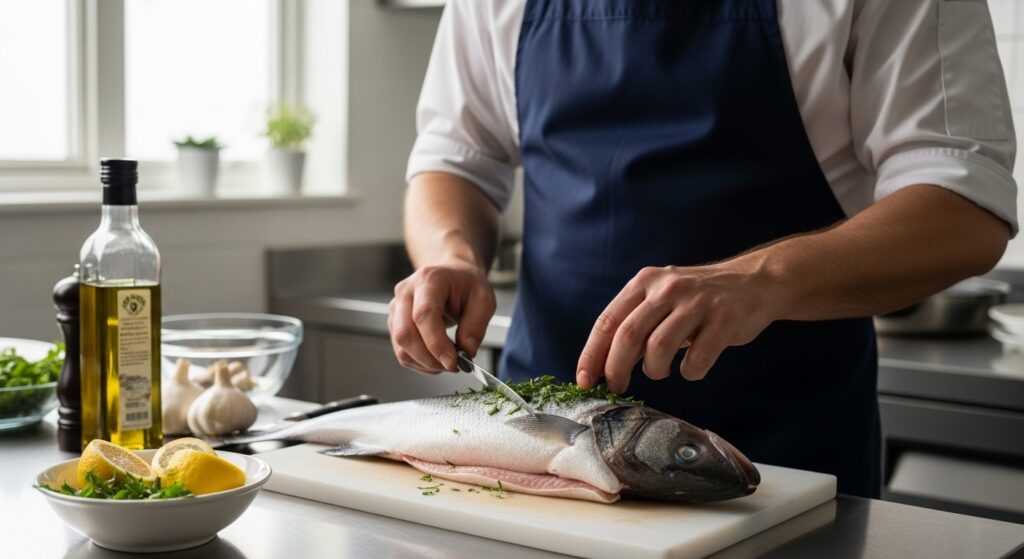 Chef preparing branzino fish in a kitchen before cooking.