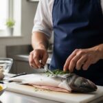 Chef preparing branzino fish in a kitchen before cooking.