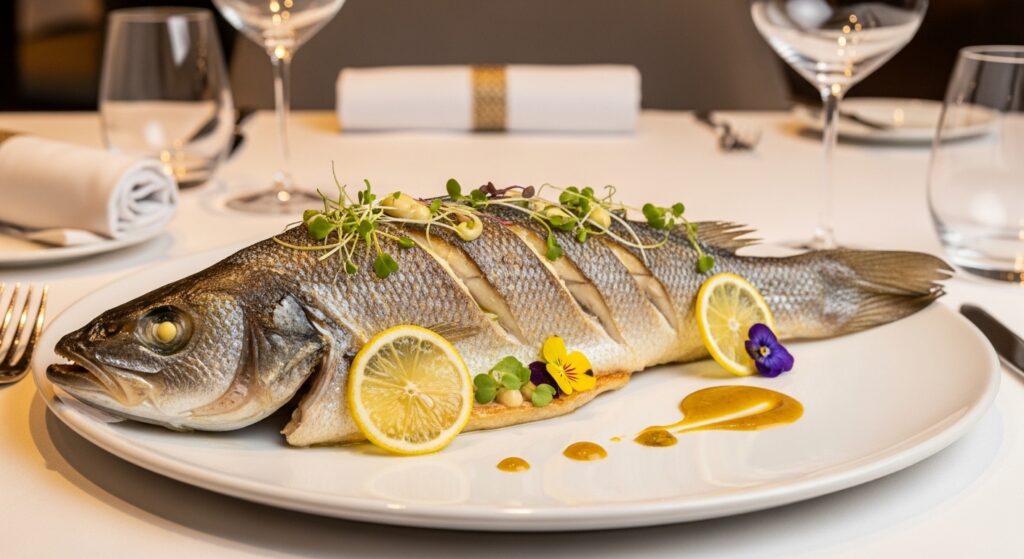 “Restaurant-style whole branzino with elegant garnish.”