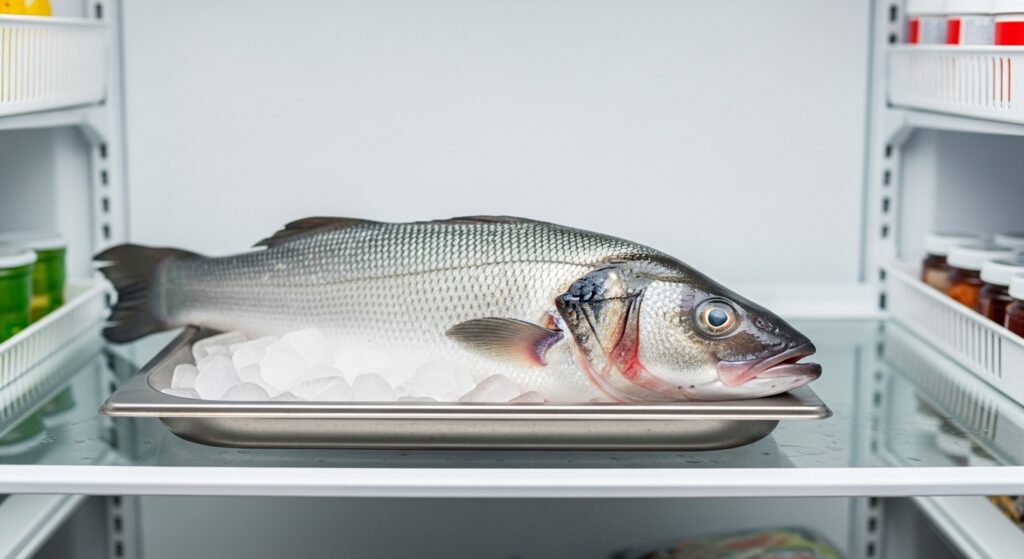 “Fresh branzino fish stored properly in a refrigerator on ice.”