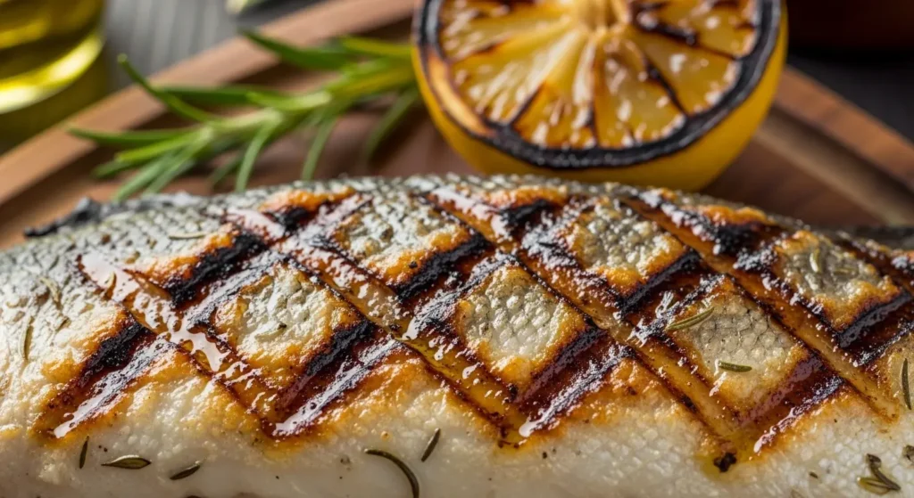 Close up of crispy grilled branzino skin with perfect grill marks and herbs