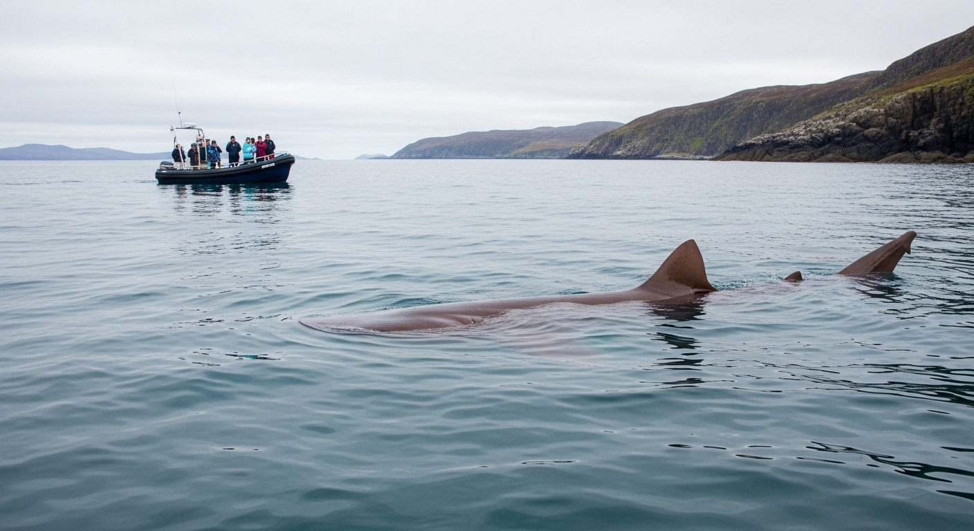 “Basking shark near an eco-tour boat off the coast of Scotland.