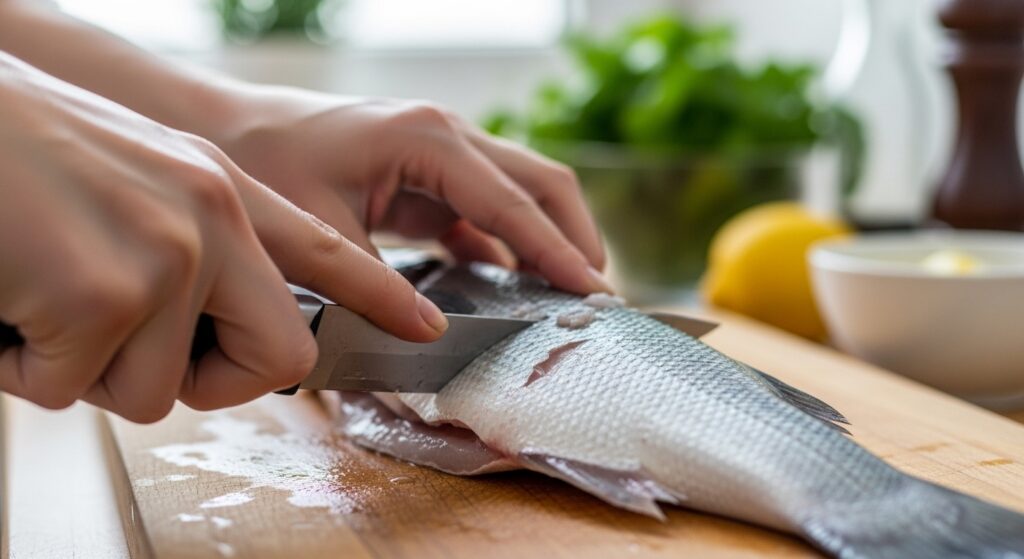 Close-up of cleaning and preparing branzino fish on a cutting board.