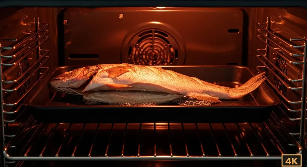 Broiled branzino fish under hot broiler element in oven developing golden-brown crispy skin