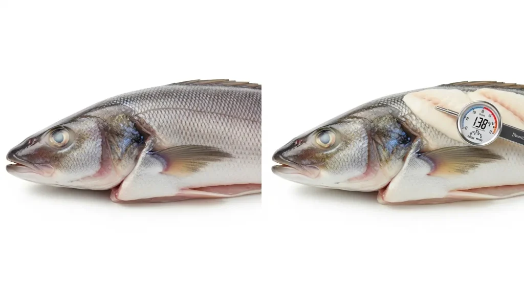 Raw versus cooked branzino comparison showing flesh color change and proper doneness temperature