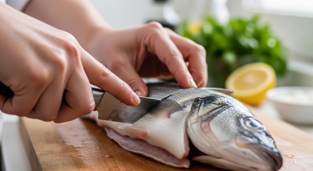 Close-up of cleaning and preparing branzino fish on a cutting board.