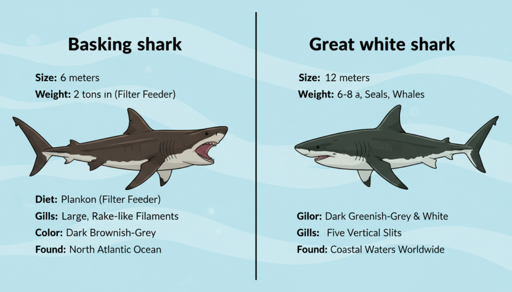 “Animated comparison of basking shark and great white shark with size and biology details.”