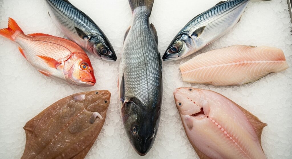 Branzino compared with multiple popular fish varieties on a seafood display.