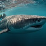 Basking shark swimming calmly near the ocean surface.