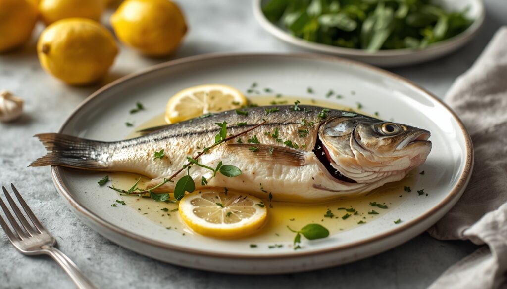 European sea bass (branzino) swimming in Mediterranean waters.