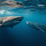 “Basking shark and whale shark swimming together in one ocean scene.”
